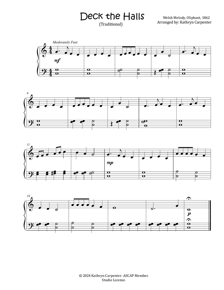 Deck the Halls (Easy Piano, 3 Variations) Easy Piano scores gallery preview page 1