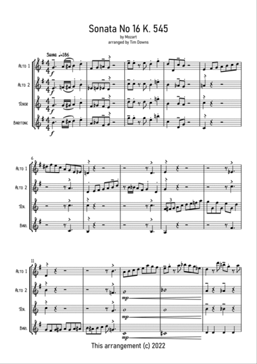 Mozart Sonata No 16 K545 (with a swing!) Saxophone Quartet scores gallery preview page 2