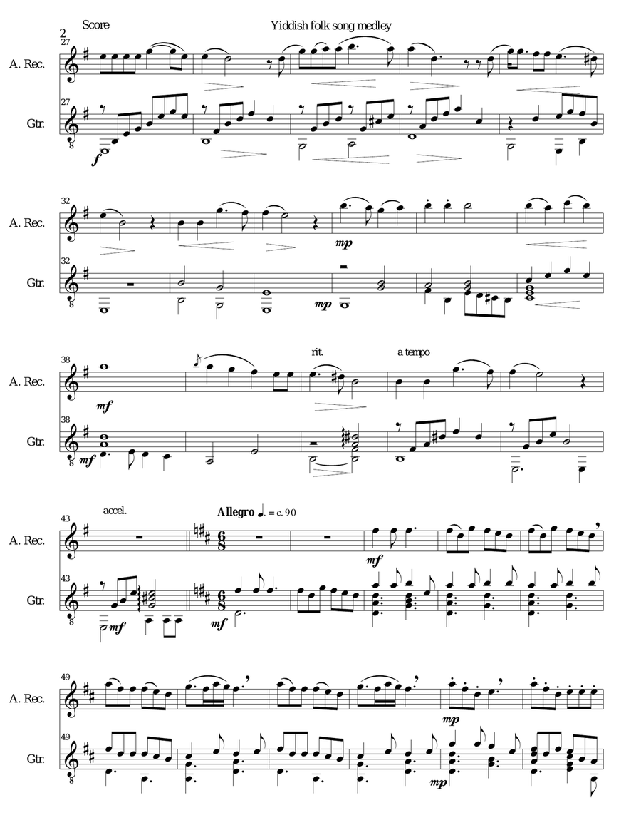 Yiddish Folk Song Medley for Alto Recorder and Guitar Yiddish Folk Song Medley for Alto Recorder and Guitar Alto Recorder scores gallery preview page 2