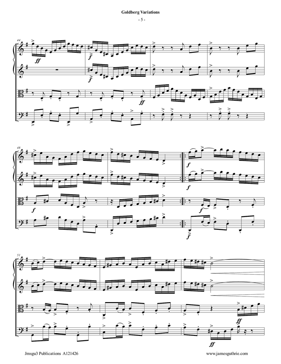 Bach: The Goldberg Variations BWV 988 Complete for String Quartet String Quartet scores gallery preview page 5