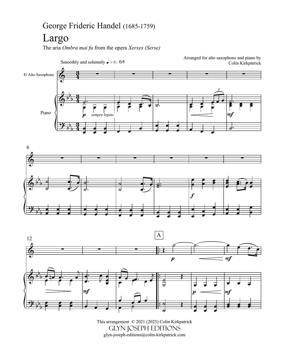 Handel: Largo (from Xerxes) for alto sax and piano Alto Saxophone scores gallery preview page 2