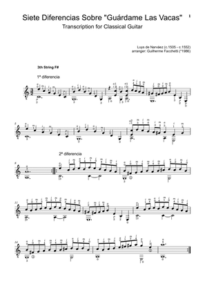 Luys de Narváez - Siete Diferencias Sobre "Guárdame las Vacas". Arrangement for Classical Guitar.