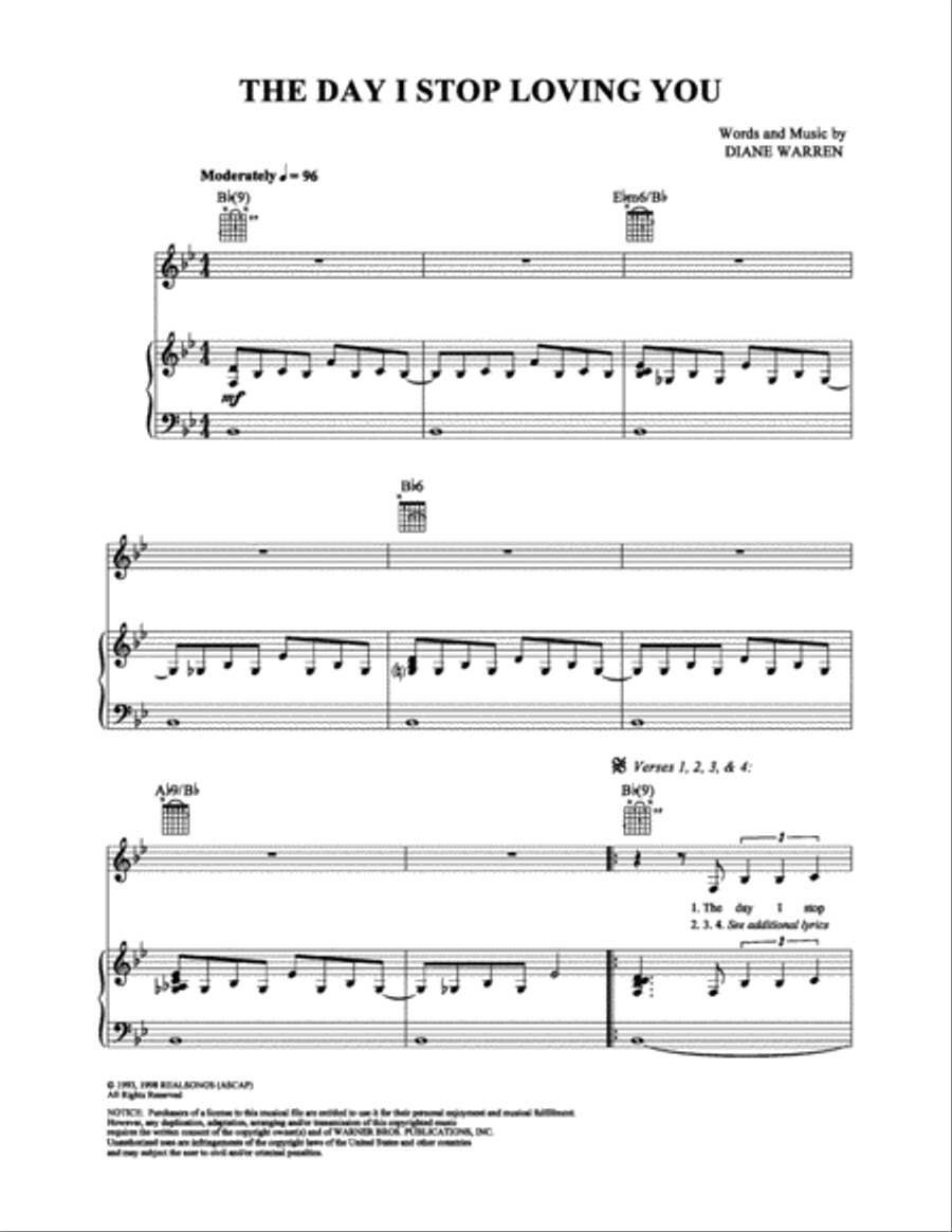 The Day I Stop Loving You Piano, Vocal, Guitar scores gallery preview page 1