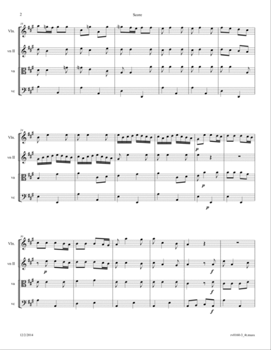 Vivaldi: Concerto for Strings in A Major RV 160; Movement 3: Allegro Arr. for String Quartet String Quartet scores gallery preview page 2