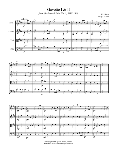 Gavotte 1 & 2 BWV 1068 for string quartet image number null