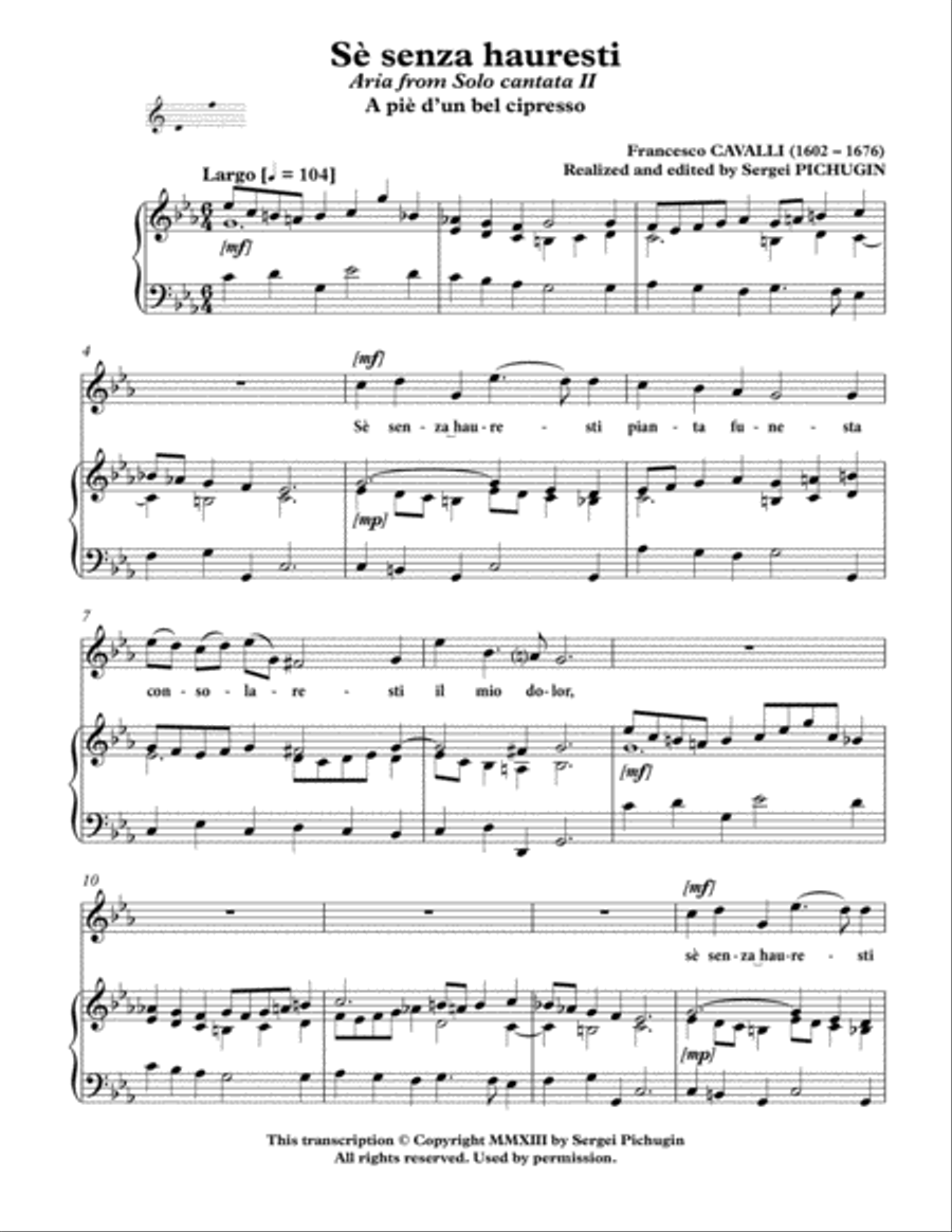 CAVALLI Francesco: Sè senza hauresti, aria from the cantata, arranged for Voice and Piano (C minor) Voice Solo scores gallery preview page 3