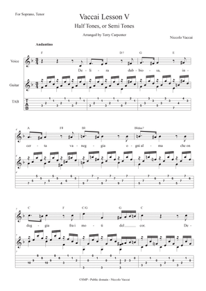 Book cover for Vaccai-Lesson 5. Half Tones, Semitones. For tenor and Soprano voice with guitar