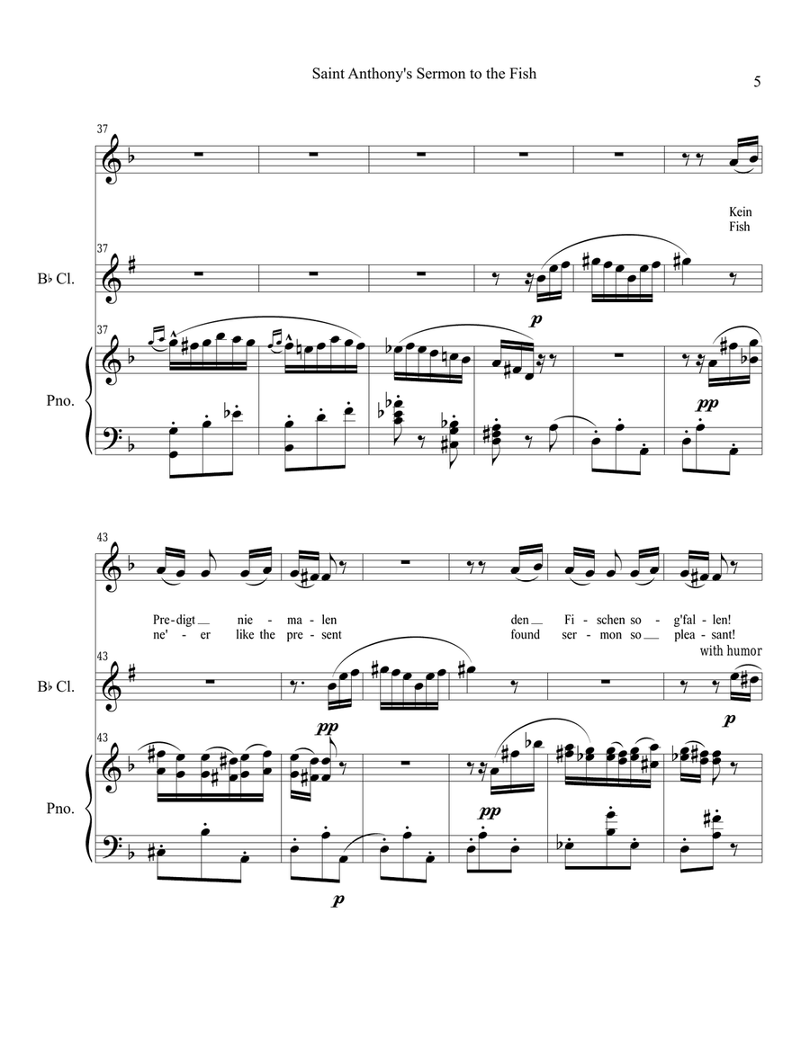 Mahler's Sermon to the Fish -voice, clarinet, piano Small Ensemble scores gallery preview page 5