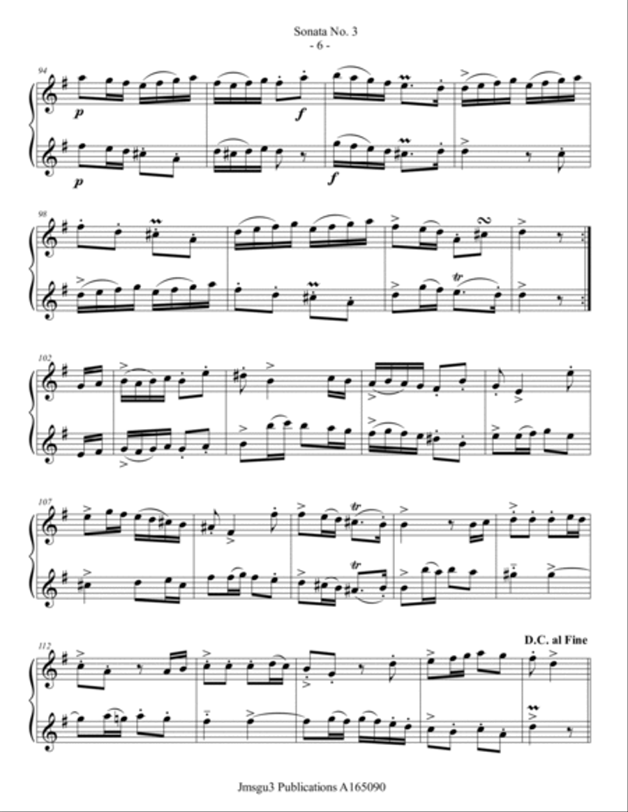 Loeillet: Sonata No. 3 for Baritone Sax Duo Woodwind Duet scores gallery preview page 6