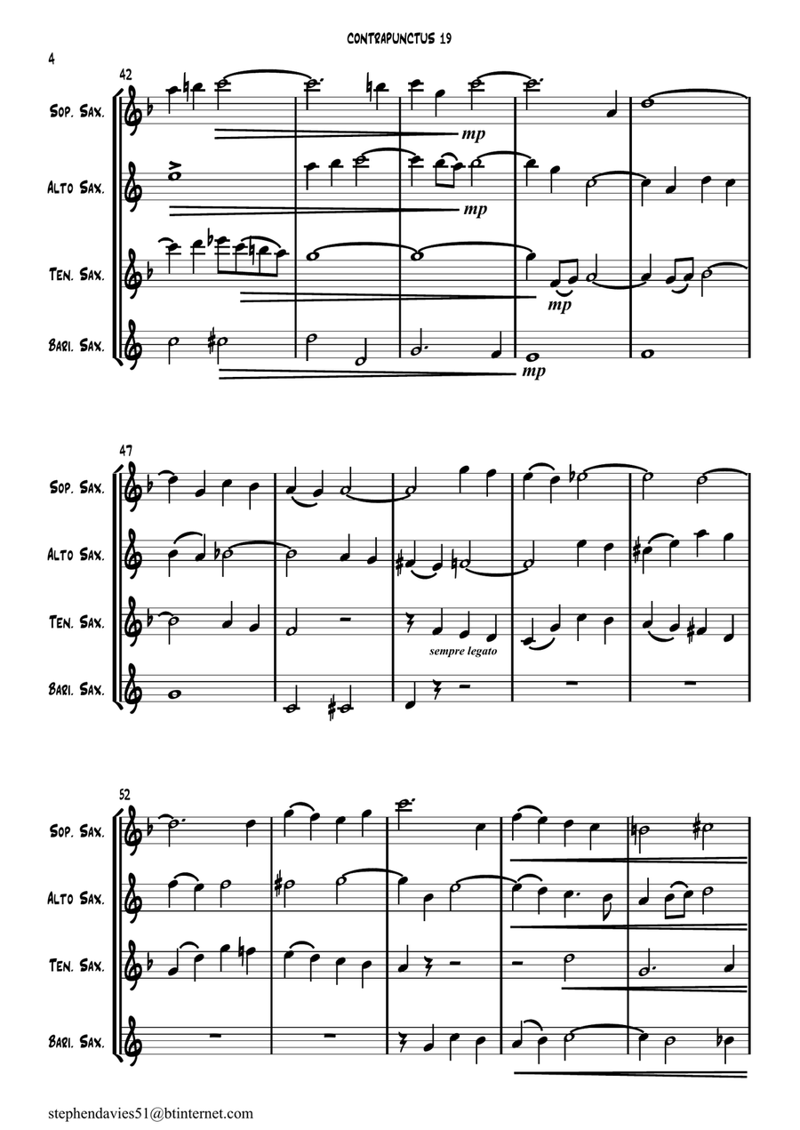 'Contrapunctus 19' By J.S.Bach BWV 1080 from 'The Art of the Fugue' for Saxophone Quartet. Saxophone Quartet scores gallery preview page 4