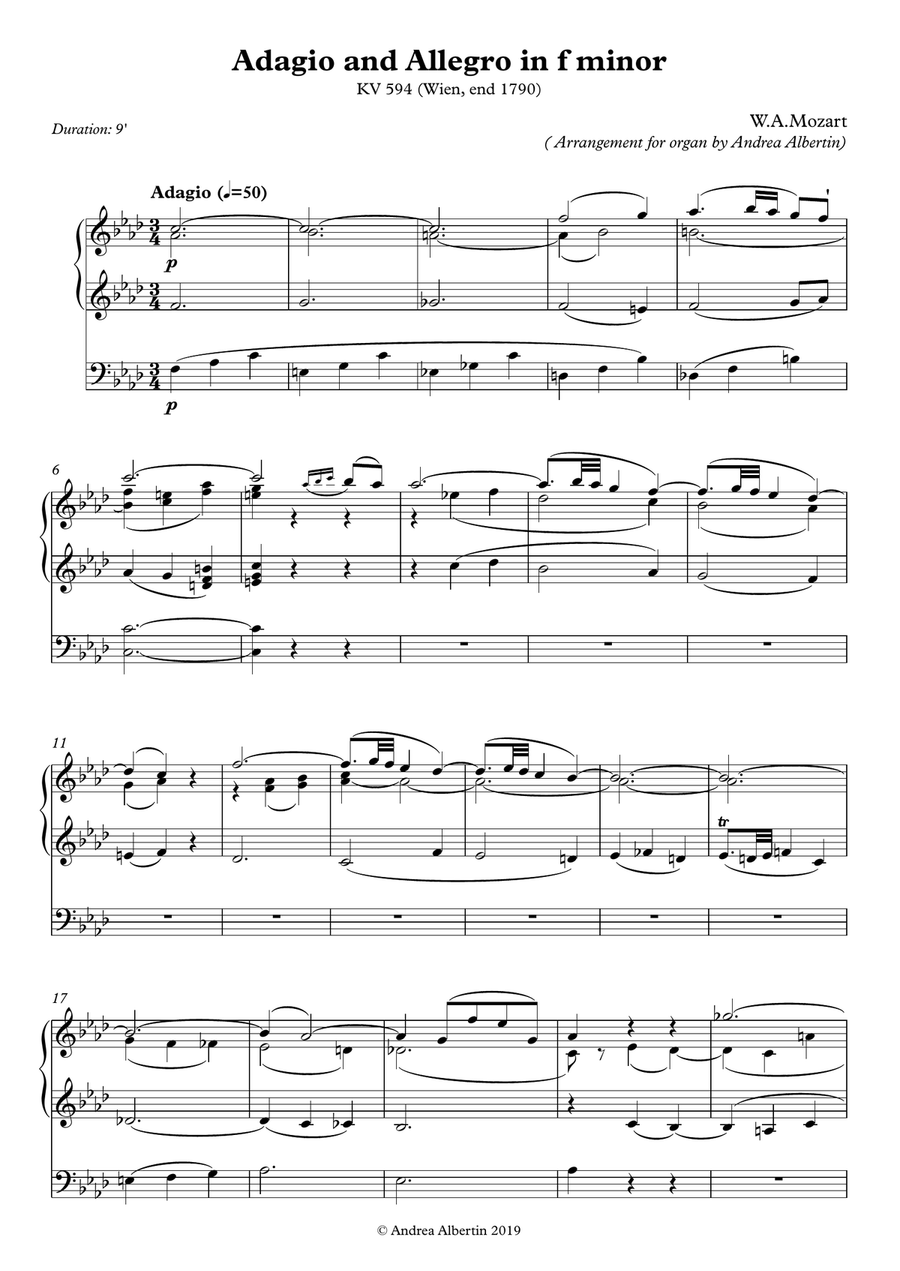 Adagio and Allegro (Fantasia) KV 594, arrangement for organ