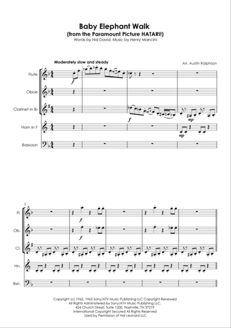 Baby Elephant Walk from the Paramount Picture HATARI! Woodwind Quintet scores gallery preview page 3