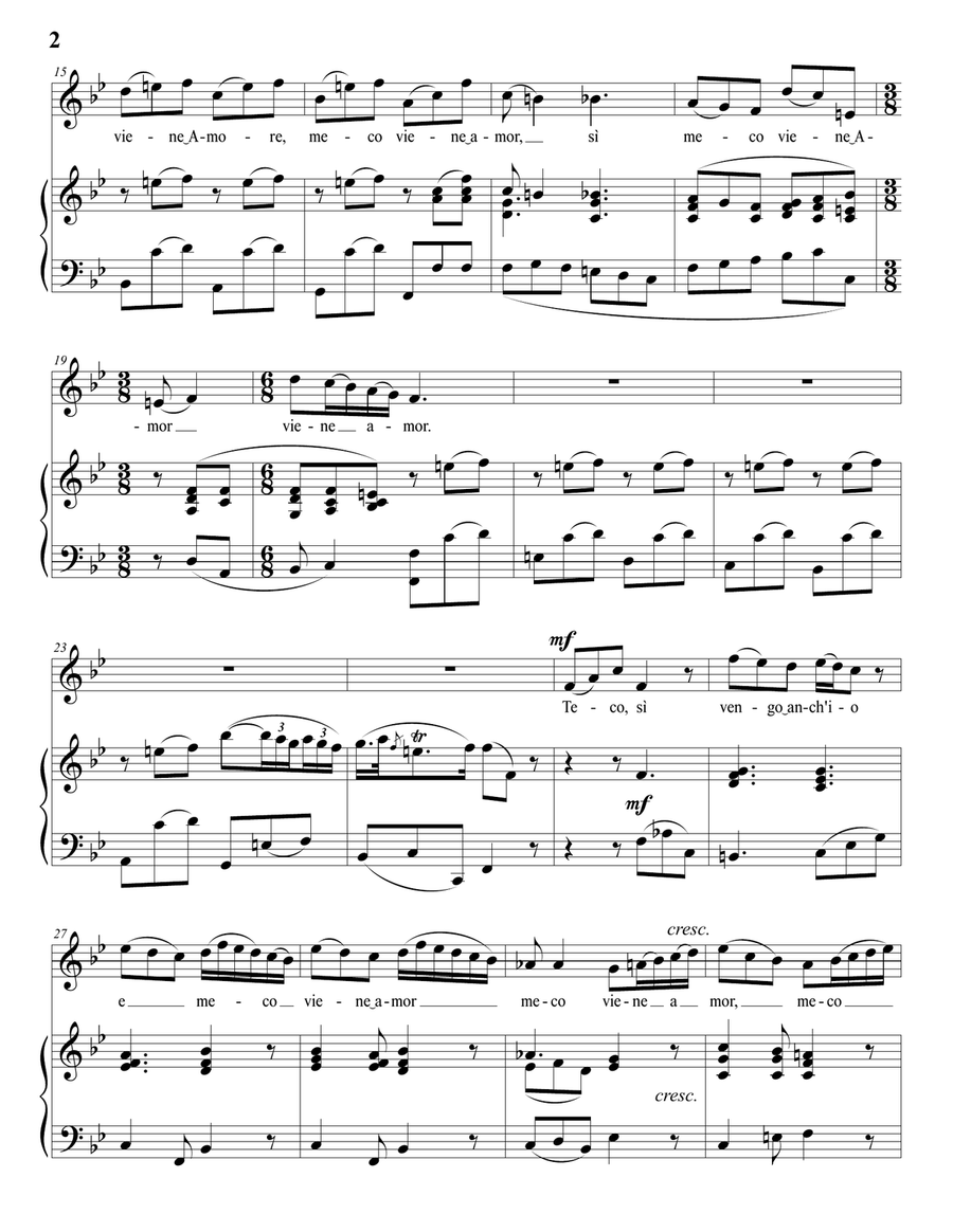 VINCI: Teco, sì, vengo anch'io (transposed to B-flat major) Piano, Vocal scores gallery preview page 3