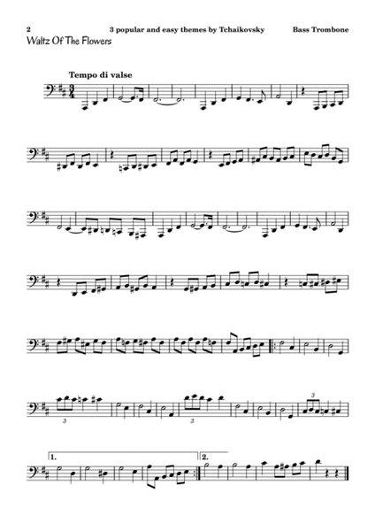 3 popular and easy themes by Tchaikovsky with accompaniment and chord symbols for Bass Trombone image number null