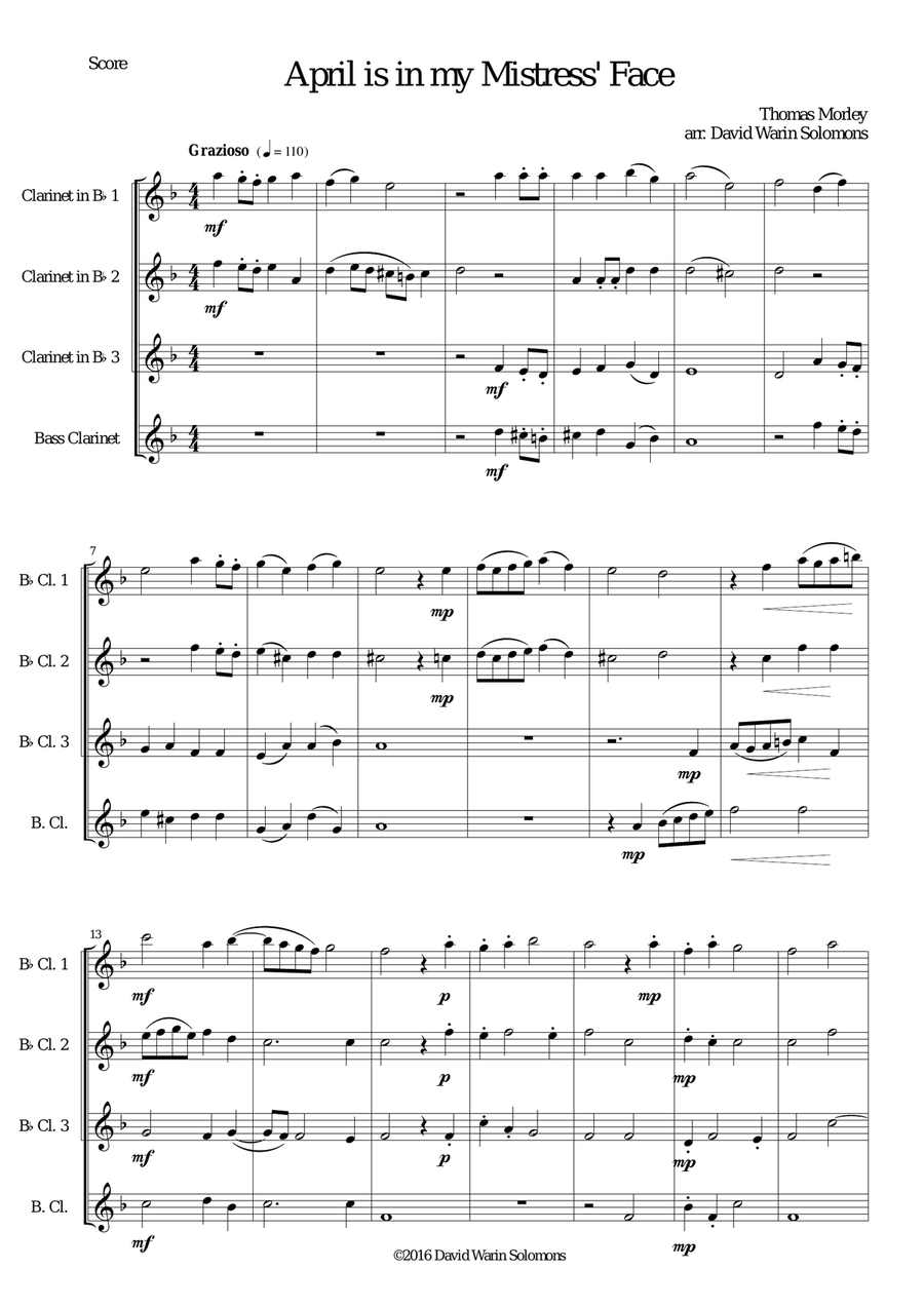April is in my Mistress' Face for clarinet quartet (3 B flats and 1 bass)