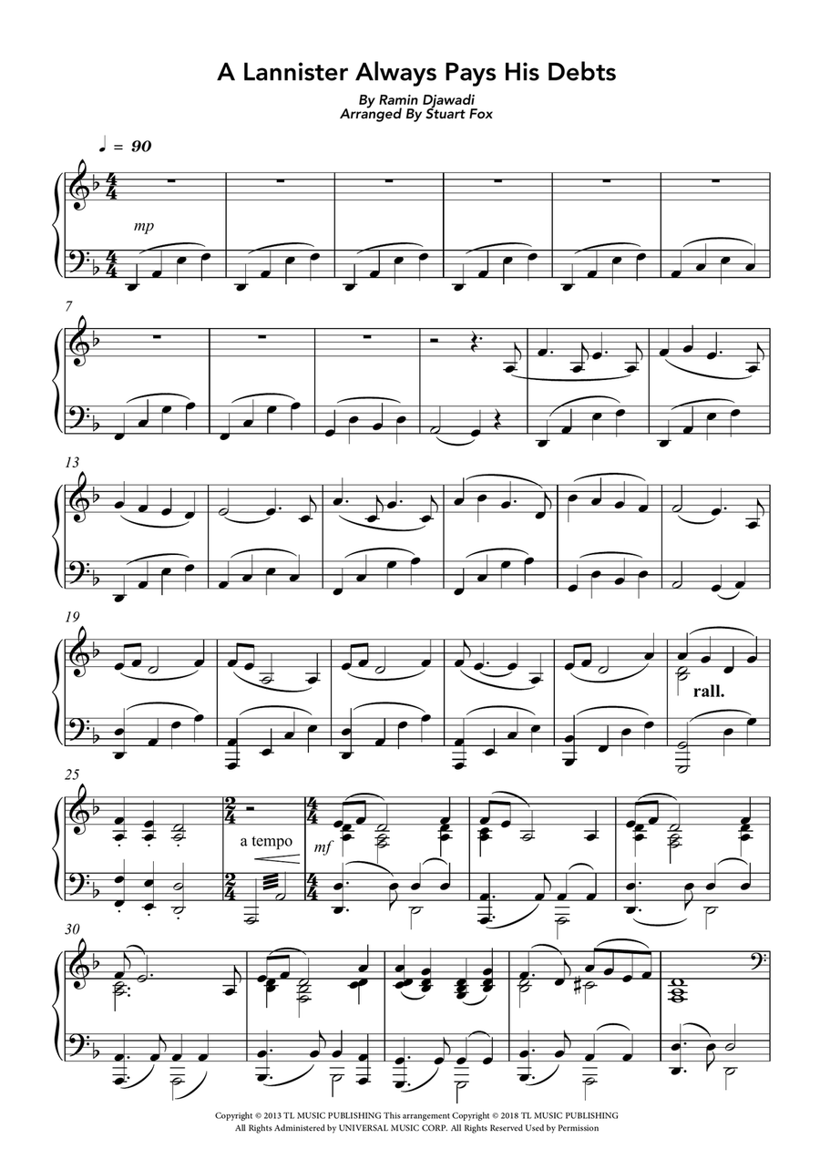 A Lannister Always Pays His Debts Piano Solo scores gallery preview page 2