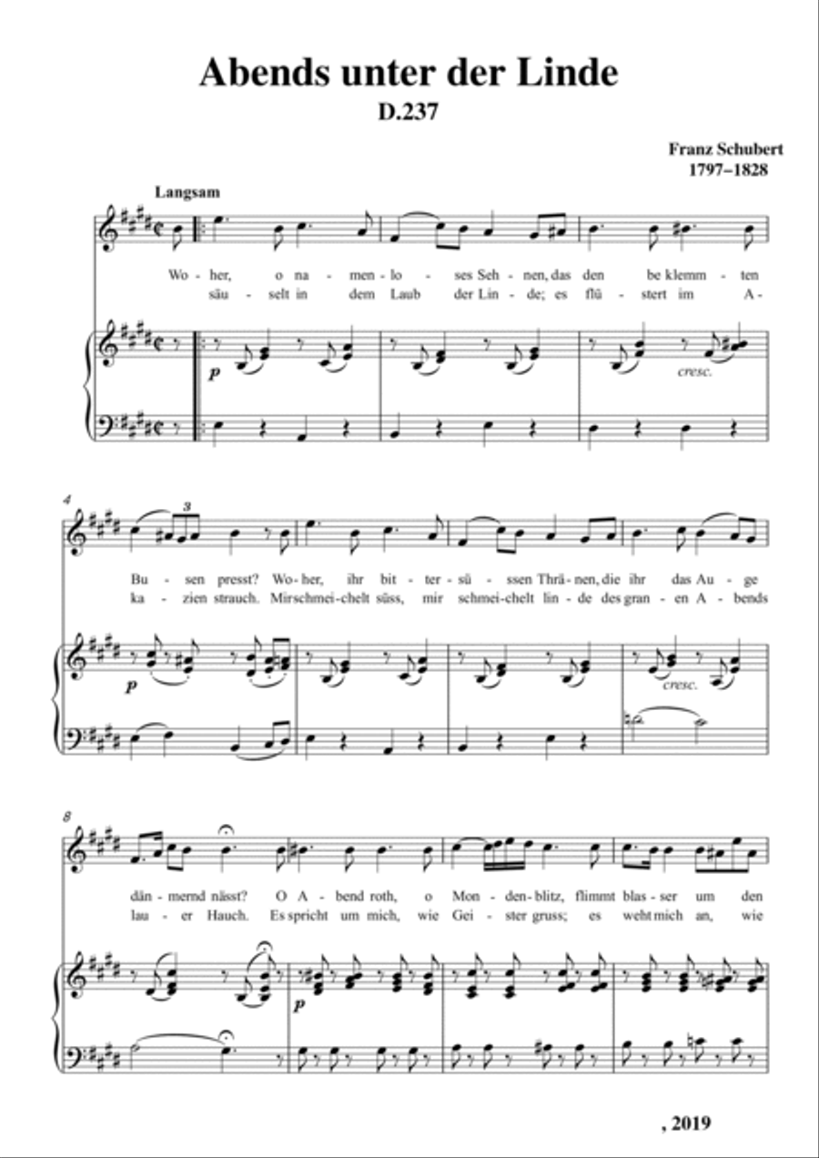 Schubert-Abends unter der Linde,D.237 in E for Vocal and Piano Voice scores gallery preview page 2