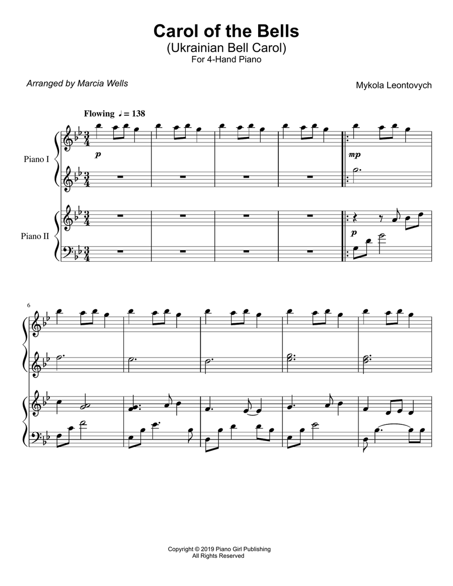 Carol of the Bells (Ukrainian Bell Carol) Piano Duet 1 Piano, 4-Hands scores gallery preview page 2