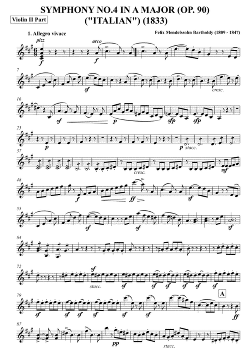Felix Mendelssohn Bartholdy - SYMPHONY NO.4 IN A MAJOR ("Italian") - Violin II part image number null