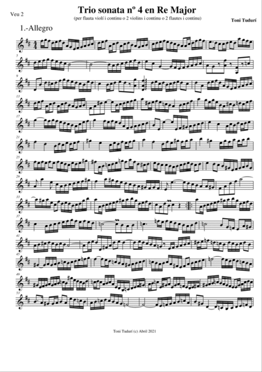 Trio sonata nº4 in D Major for flute, violin & cello or 2 violins & cello and basso continuo (PARTS image number null