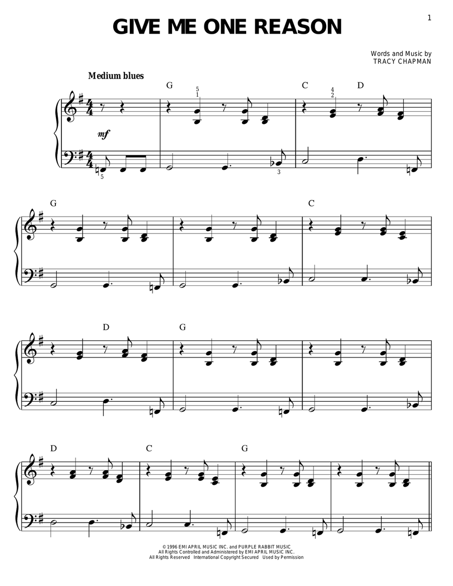 Give Me One Reason Give Me One Reason Easy Piano scores gallery preview page 1