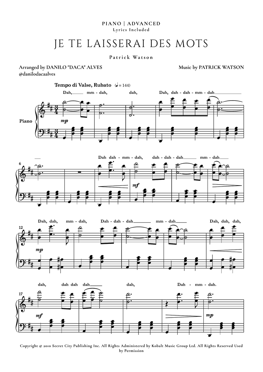 Je Te Laisserai Des Mots Piano Solo scores gallery preview page 1
