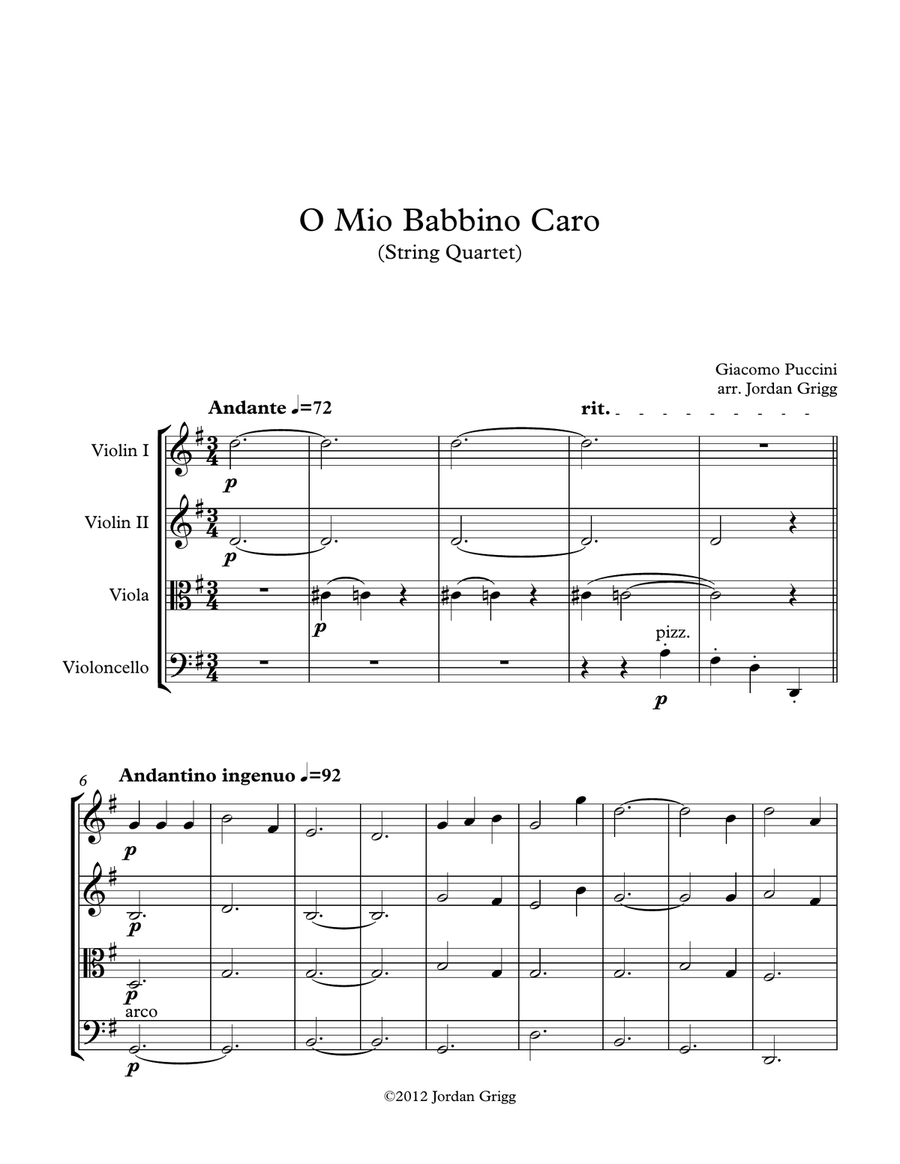 O Mio Babbino Caro (String Quartet) String Quartet scores gallery preview page 1