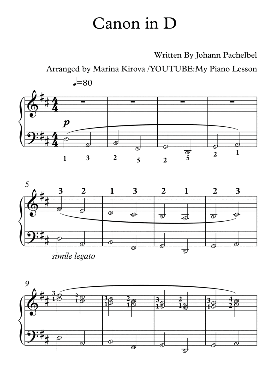 Johann Pachelbel - Canon in D - EASY TO READ FORMAT with NOTE NAMES Piano Solo scores gallery preview page 1