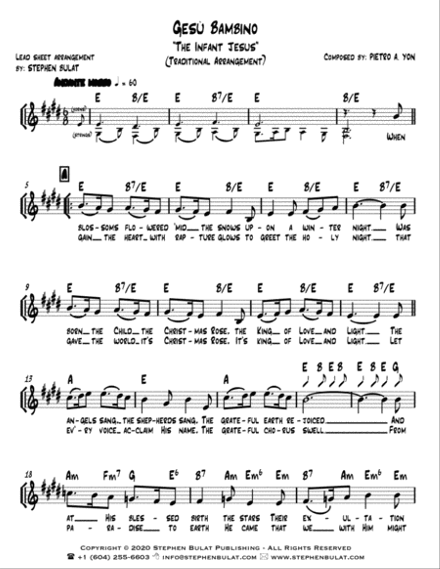 Gesù Bambino (The Infant Jesus) - Lead sheet arranged in traditional and jazz style (key of E)