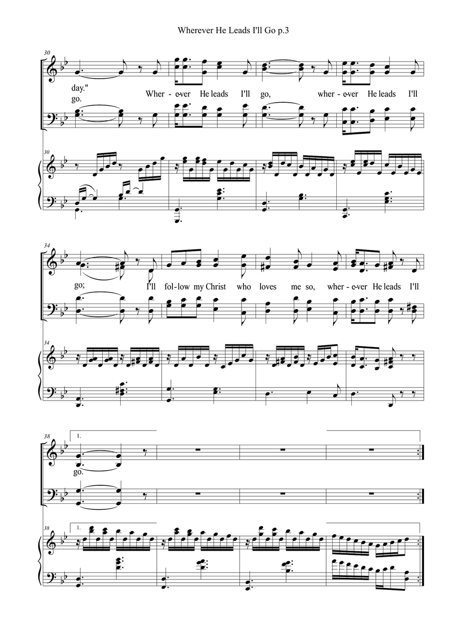 Wherever He Leads I'll Go 4-Part scores gallery preview page 3