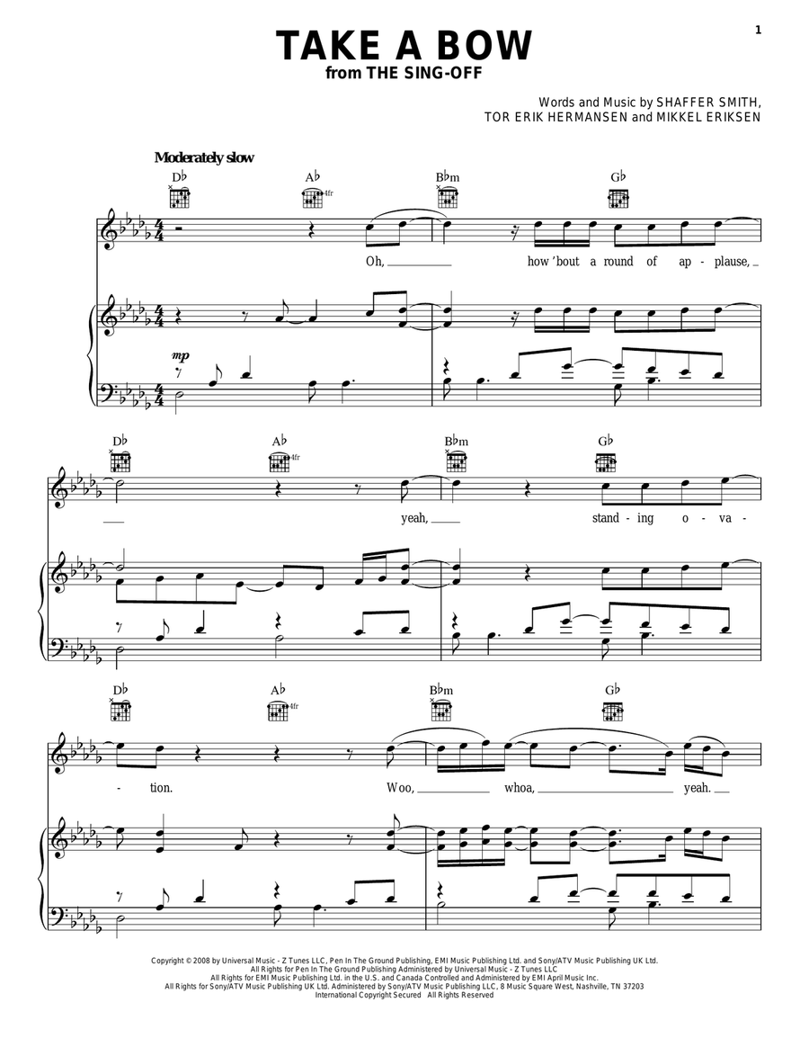 Take A Bow Piano, Vocal, Guitar scores gallery preview page 1