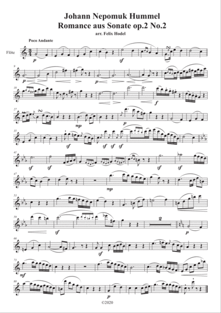 Johann Nepomuk Hummel Romanze from Sonata for Flute and Piano op.2 no.2 Small Ensemble scores gallery preview page 1