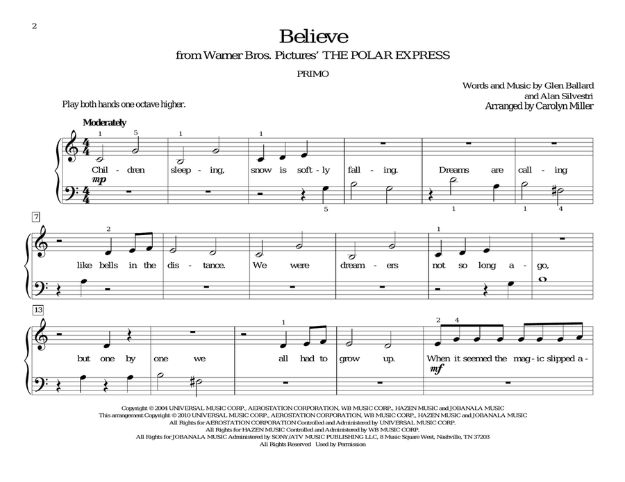 Believe (from The Polar Express) Easy Piano scores gallery preview page 2