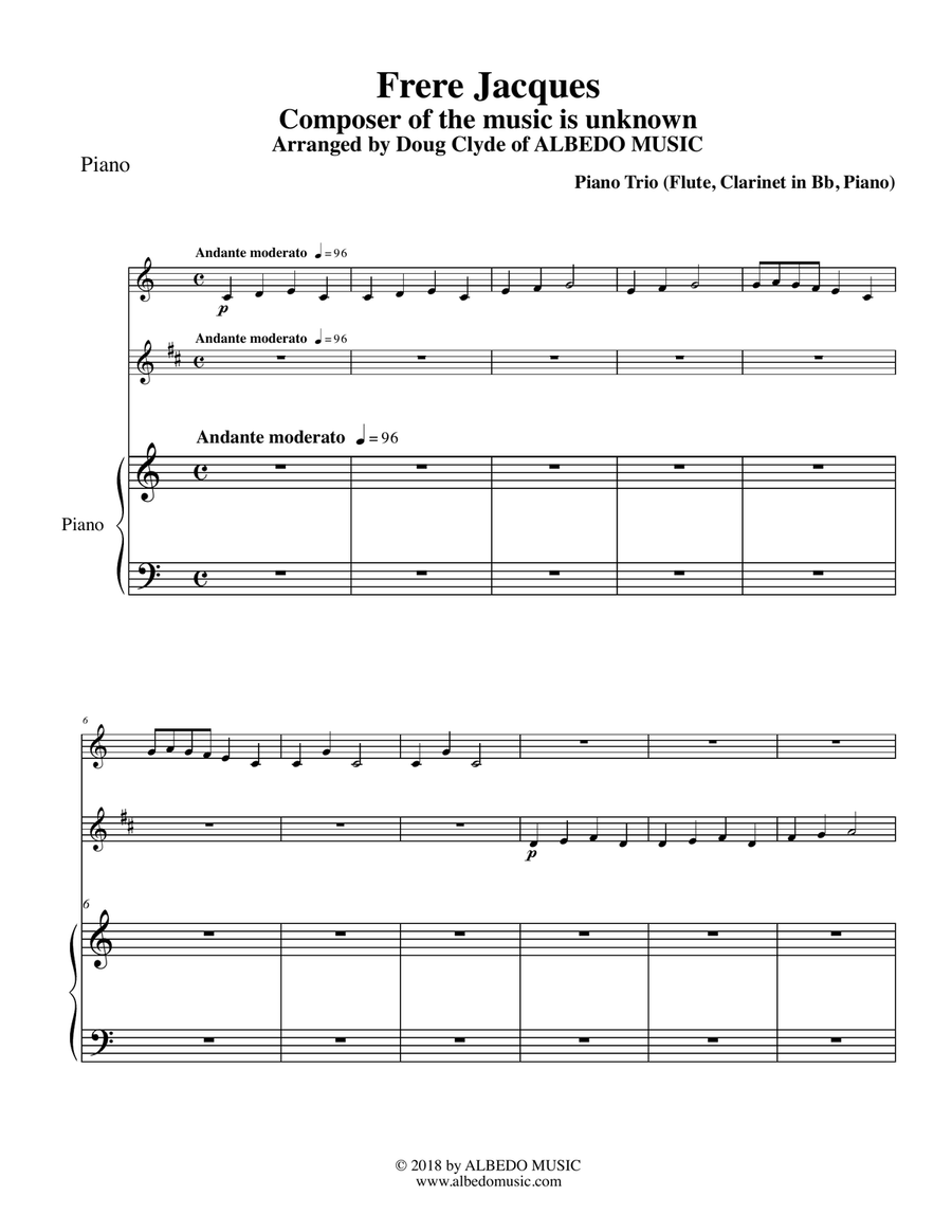 Frere Jacques for Flute, Clarinet & Piano Woodwind Duet scores gallery preview page 1