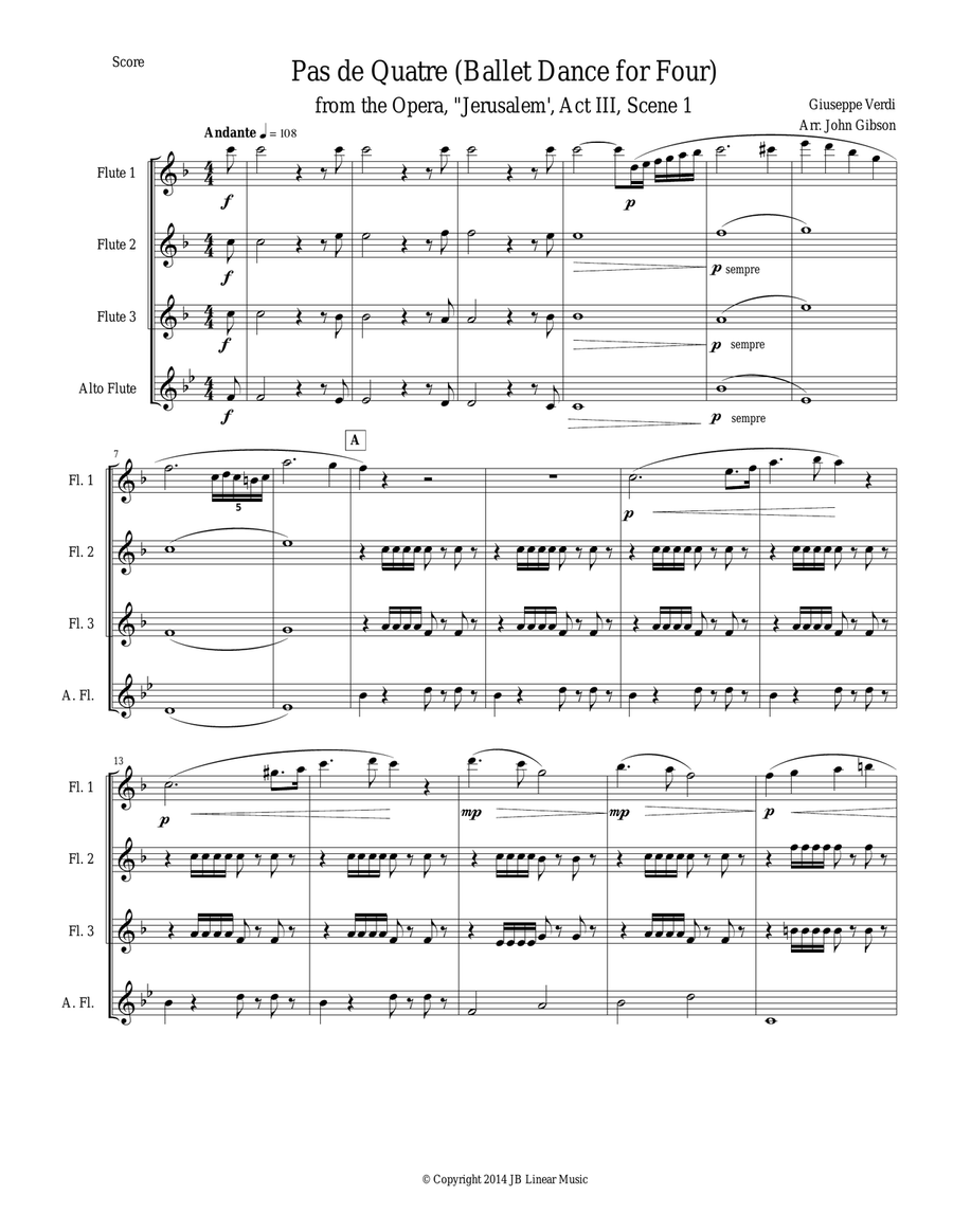 Verdi - Ballet Music set for flute quartet (from Jerusalem Act III) Flute Quartet scores gallery preview page 1
