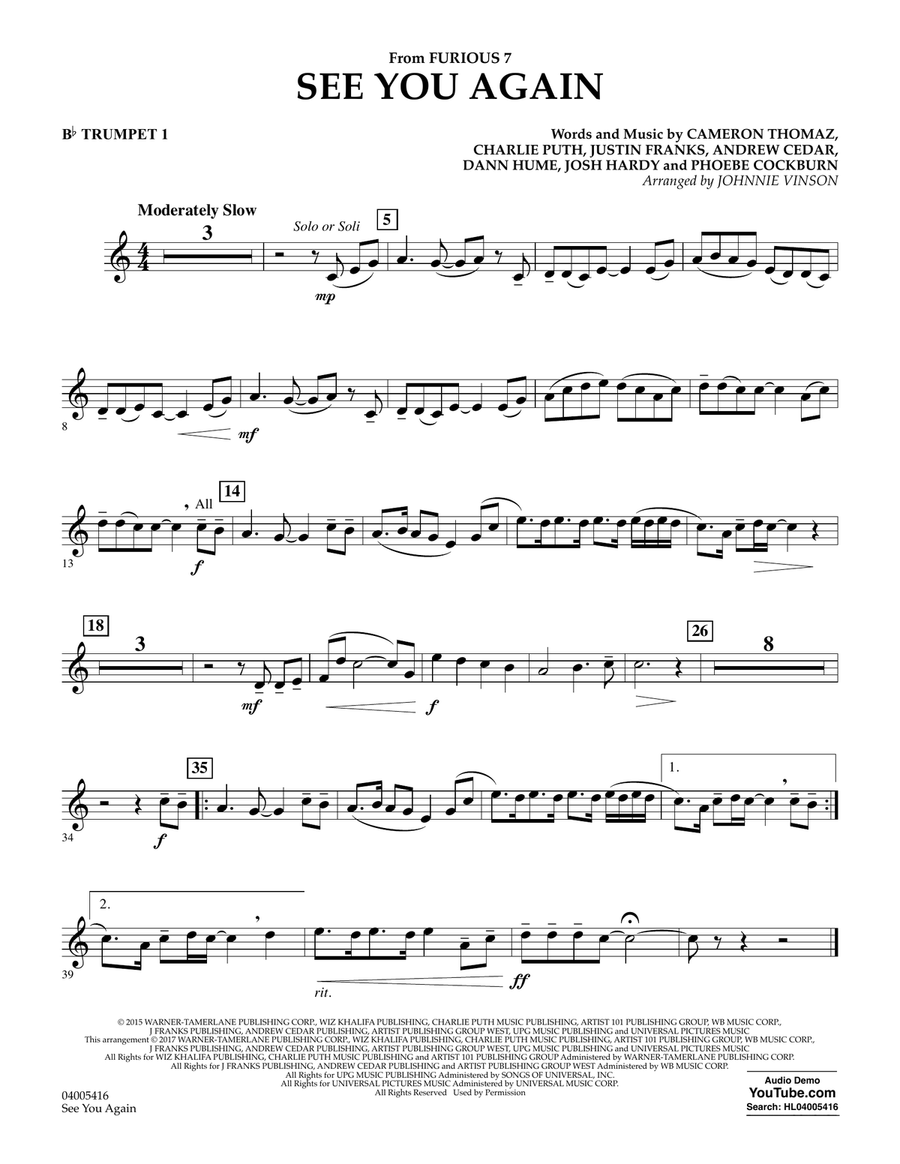 See You Again - Bb Trumpet 1 Concert Band scores gallery preview page 1