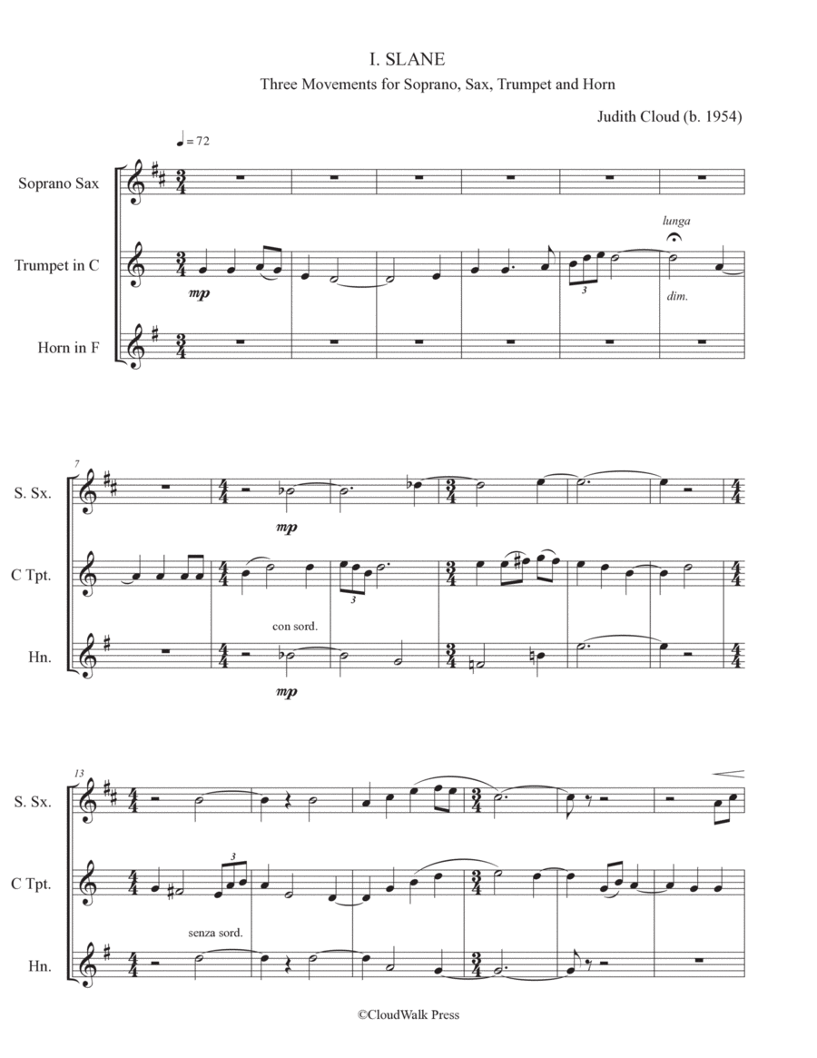 Three Movements for Soprano Sax, Trumpet and Horn Small Ensemble scores gallery preview page 1