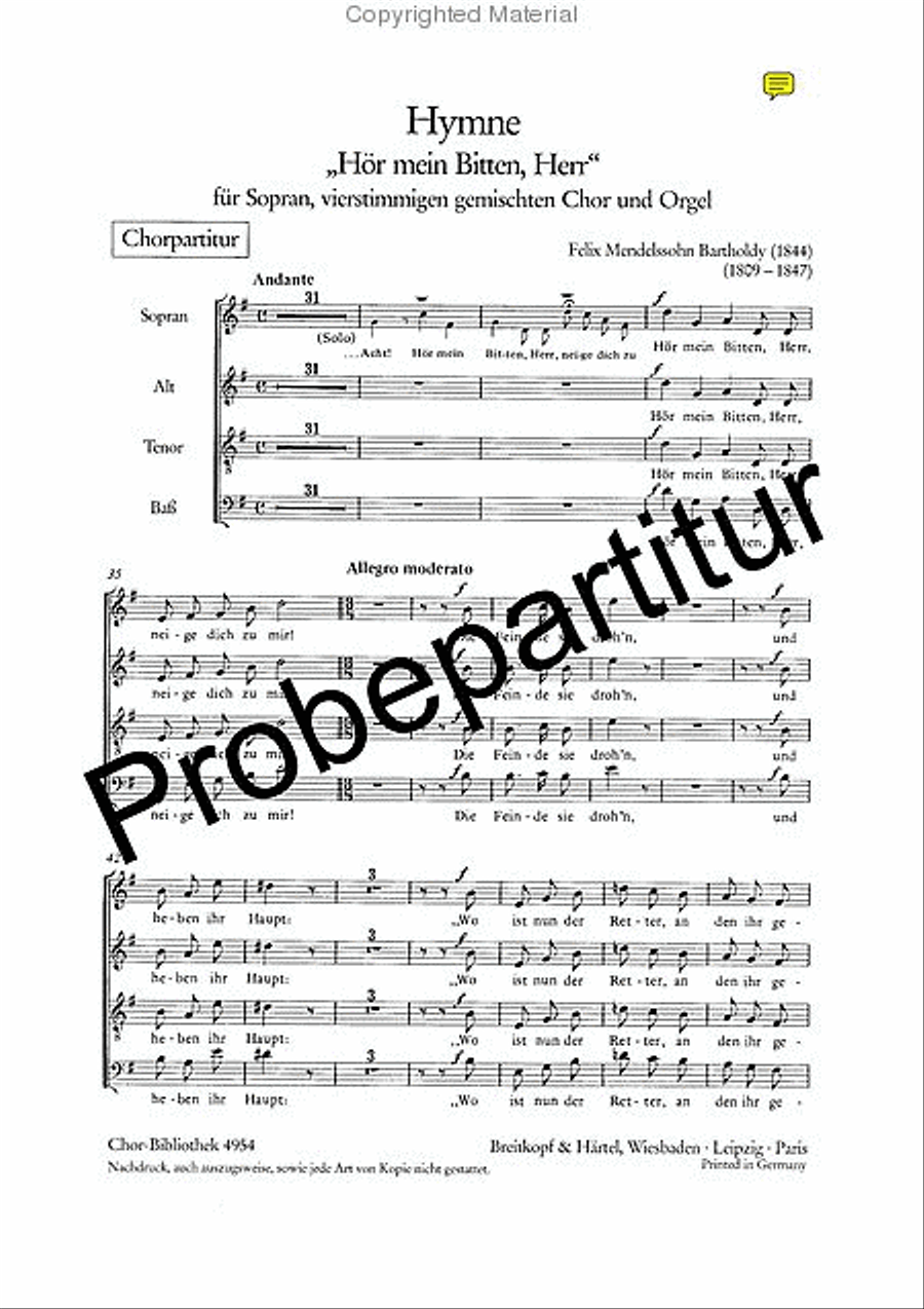 Hymn “Hör mein Bitten, Herr” MWV B 49 4-Part scores gallery preview page 2