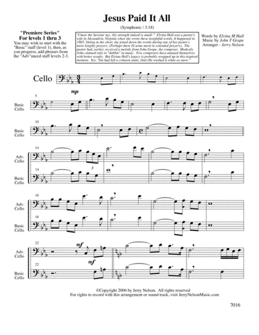 Jesus Paid It All (Arrangements Level 1-3 for CELLO + Written Acc) Hymn image number null
