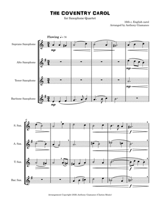 THE COVENTRY CAROL (Saxophone Quartet - SATB)