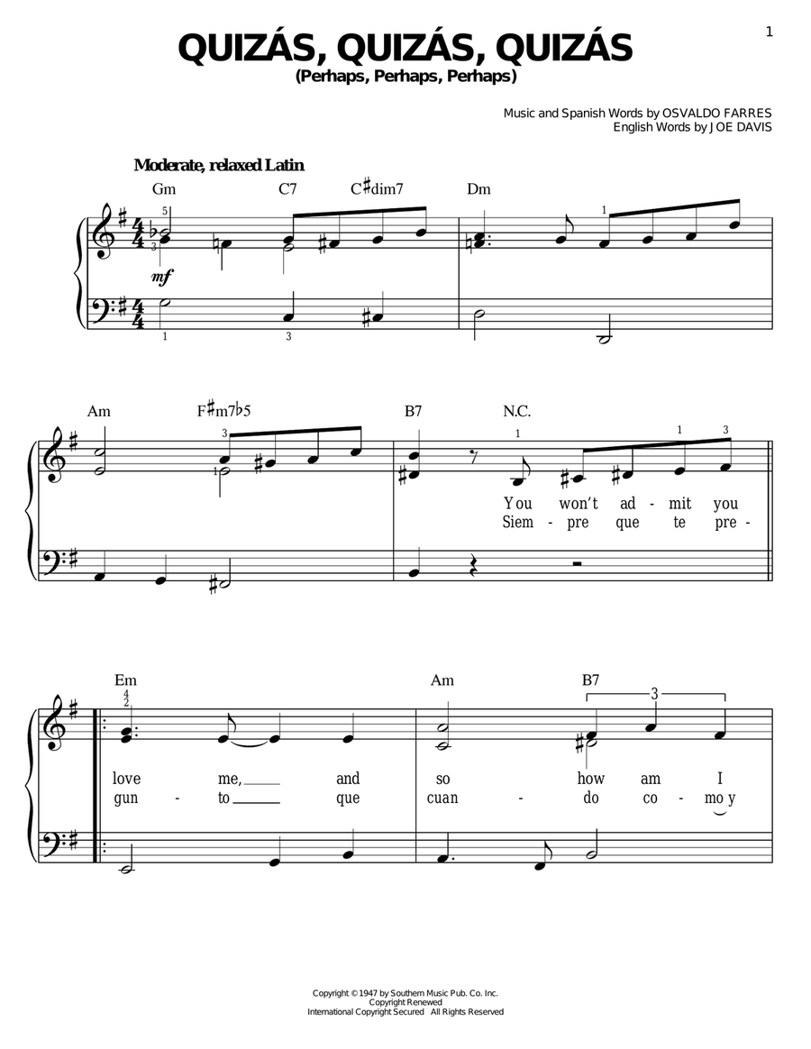 Quizas, Quizas, Quizas (Perhaps, Perhaps, Perhaps) Easy Piano scores gallery preview page 1