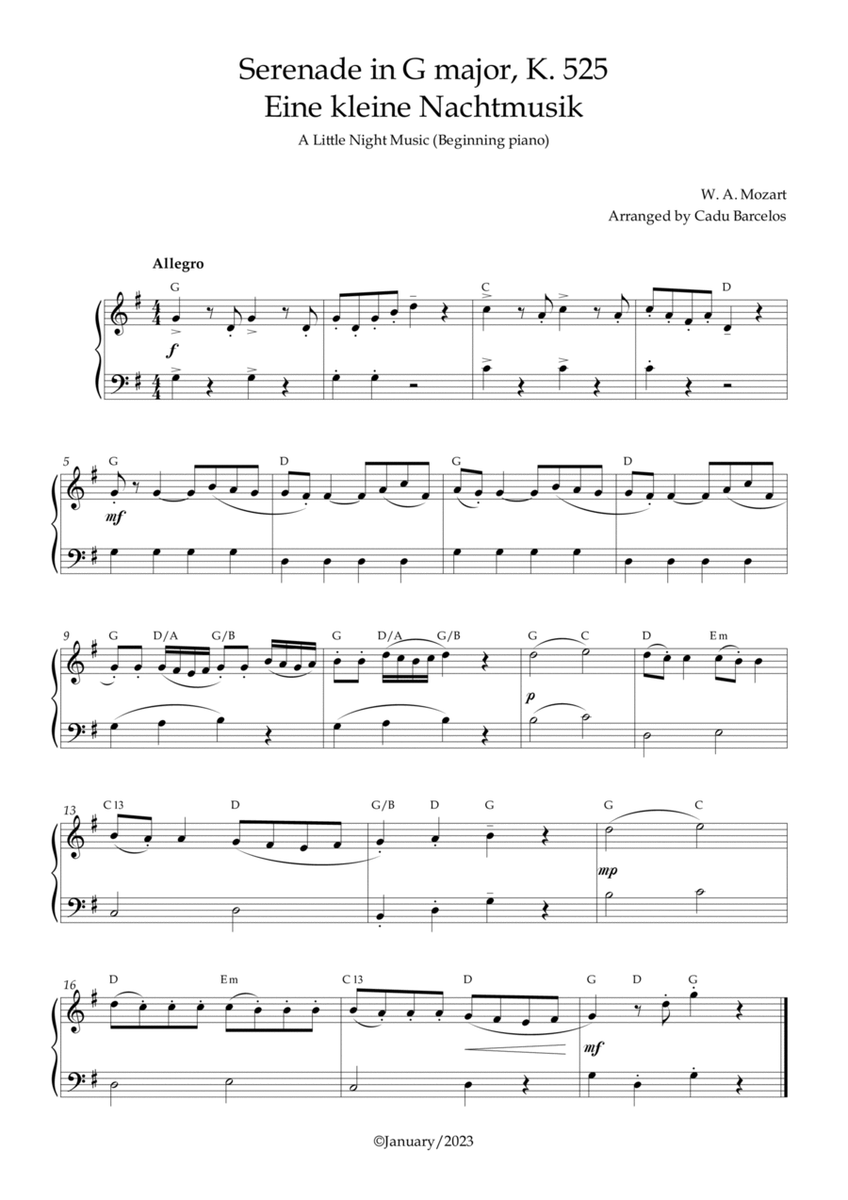 Serenade in G major, K. 525 / Eine kleine Nachtmusik /A Little Night Music - Beginning Piano CHORDS image number null