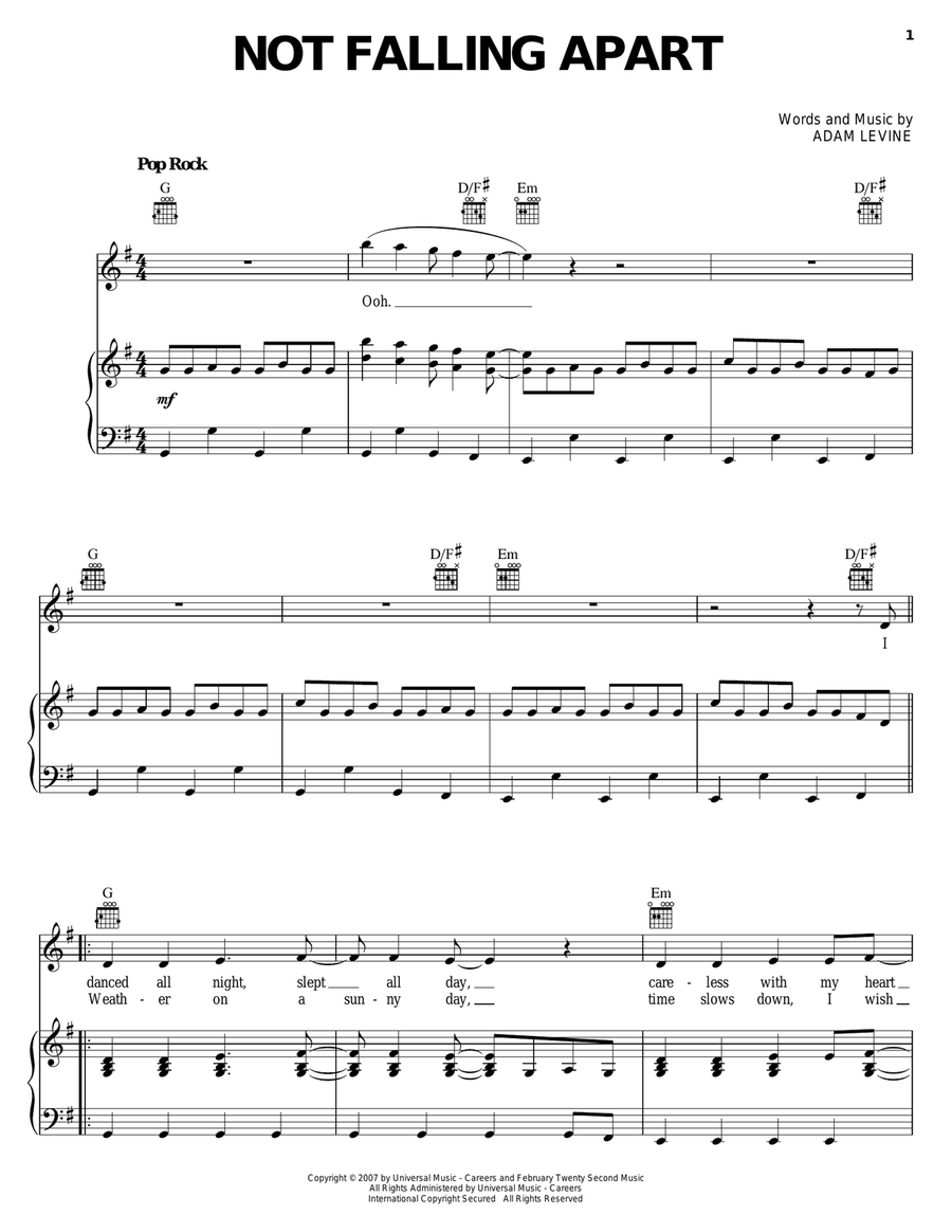 Not Falling Apart Piano, Vocal, Guitar scores gallery preview page 1