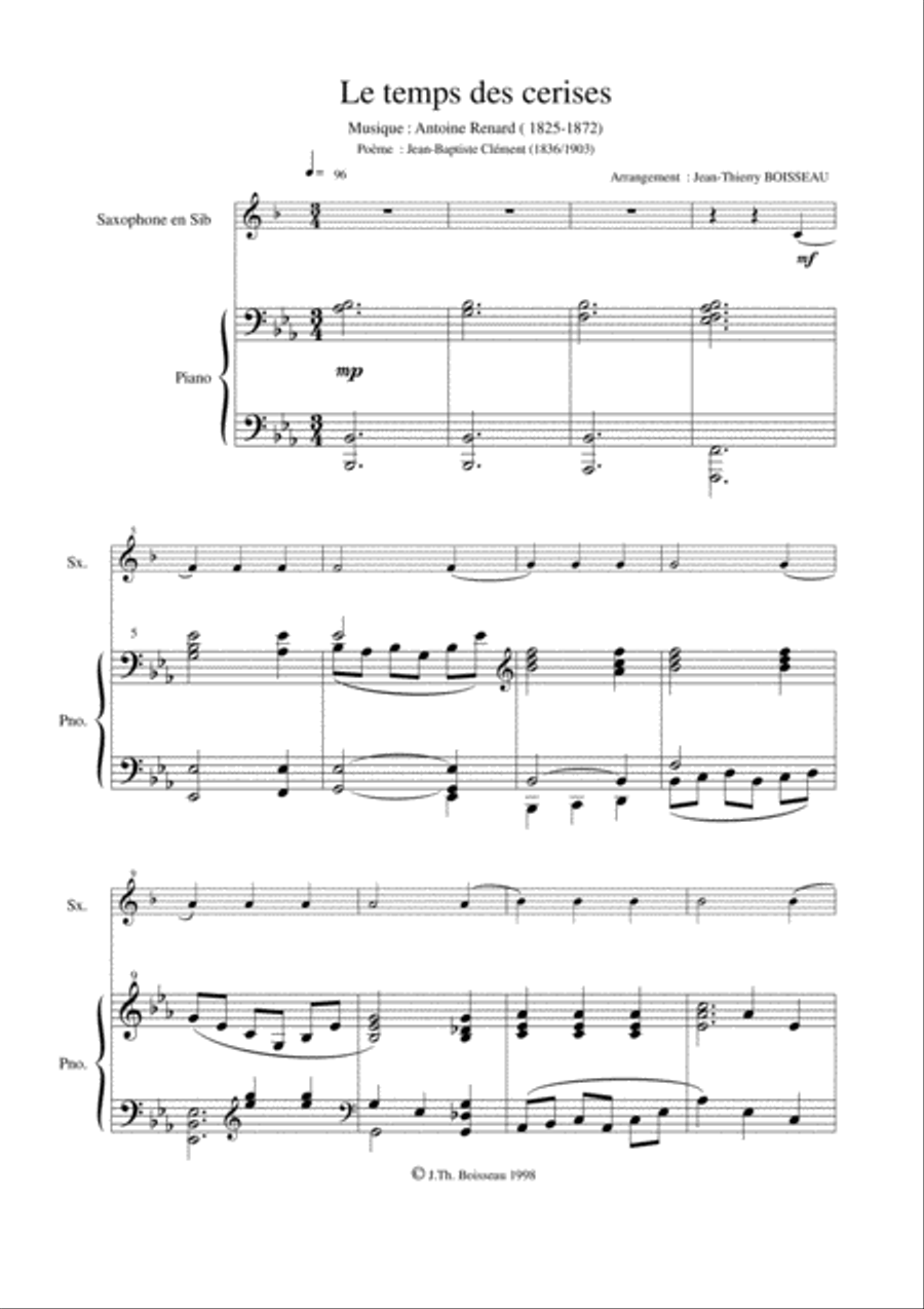 Antoine Renard: Le Temps des Cerises, arranged for Bb soprano or tenor saxophone and piano Woodwind Duet scores gallery preview page 2