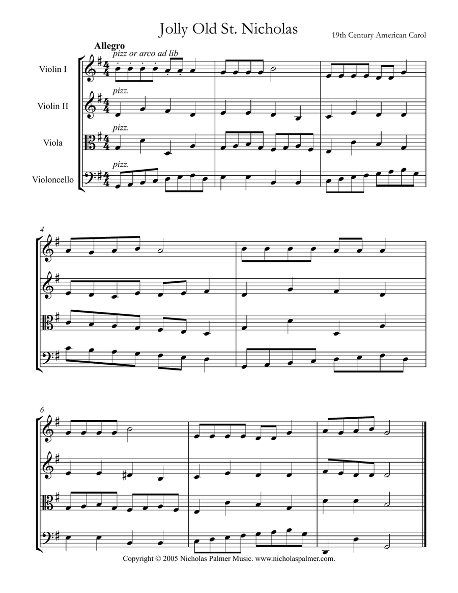 Jolly old Saint Nicholas - easy string quartet String Quartet scores gallery preview page 1