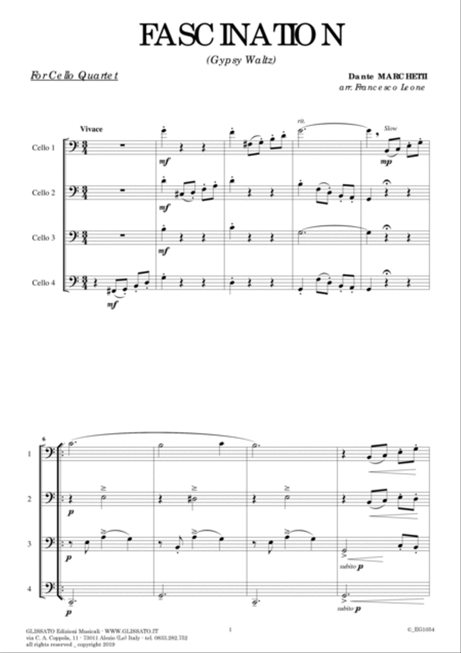 Fascination (Gypsy Waltz) for Cello Quartet (score and parts) image number null