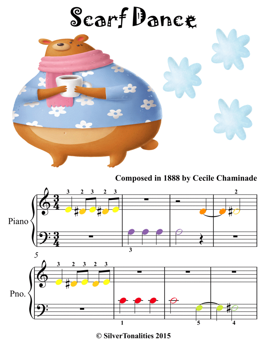 Scarf Dance Opus 37 Number 3 Beginner Piano Sheet Music with Colored Notes Easy Piano scores gallery preview page 1