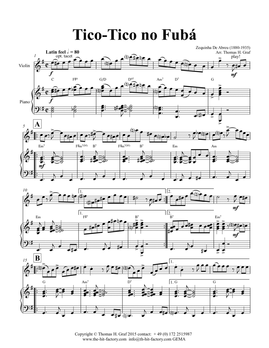 Tico-Tico no Fubá - Choro - Key: E-minor - Piano and Violin Violin Solo scores gallery preview page 1