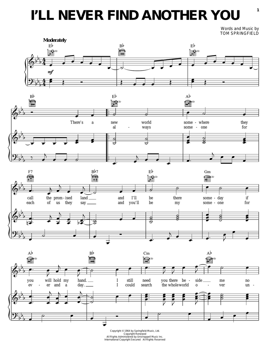 I'll Never Find Another You Piano, Vocal, Guitar scores gallery preview page 1
