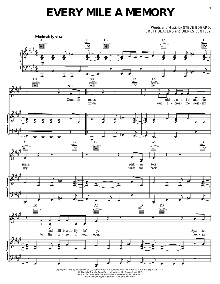 Every Mile A Memory Piano, Vocal, Guitar scores gallery preview page 1
